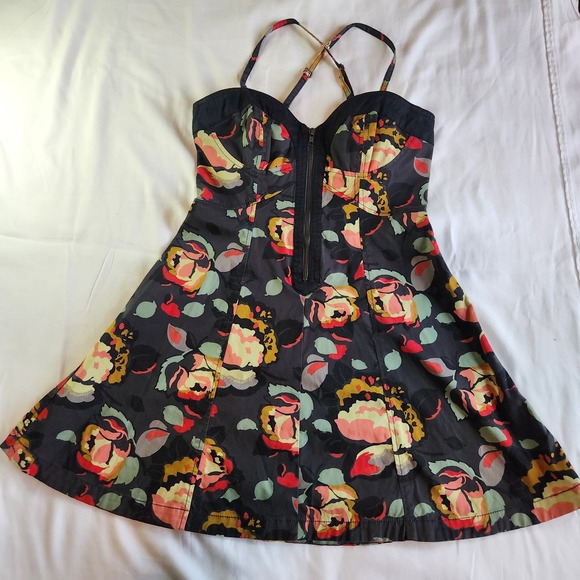 French Connection Floral Denim Mini Dress Womens 8 Bustier Corset Flared Skirt - Picture 1 of 6